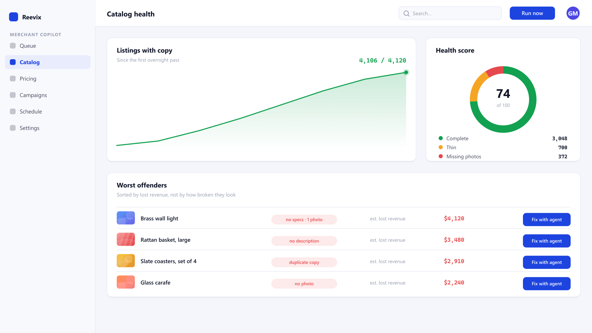Merchant Copilot — catalog health overview