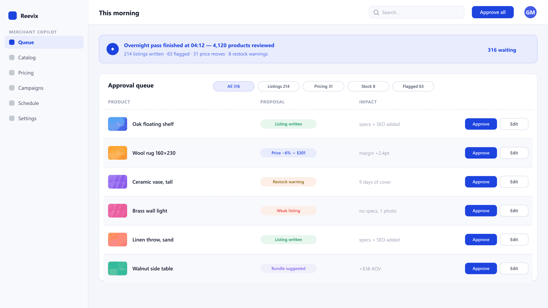 Merchant Copilot — the morning approval queue