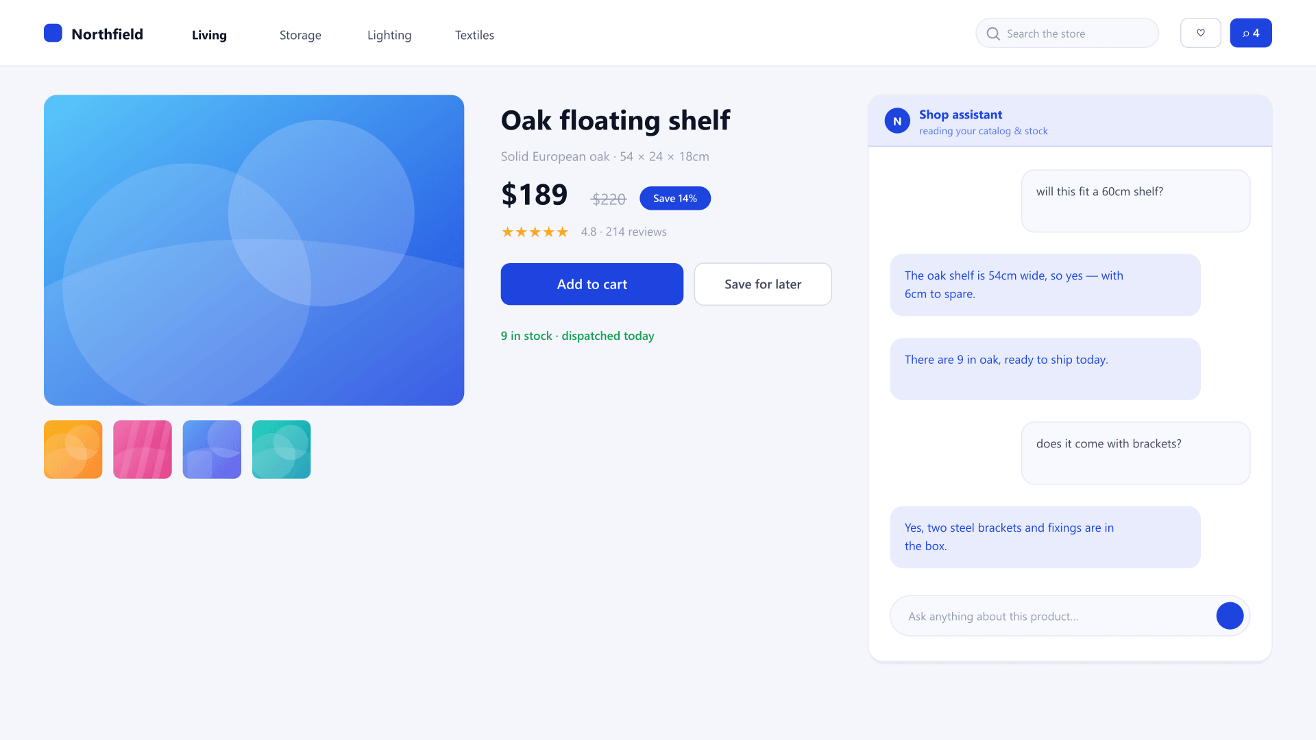 Nova Commerce — shop agent answering in the cart