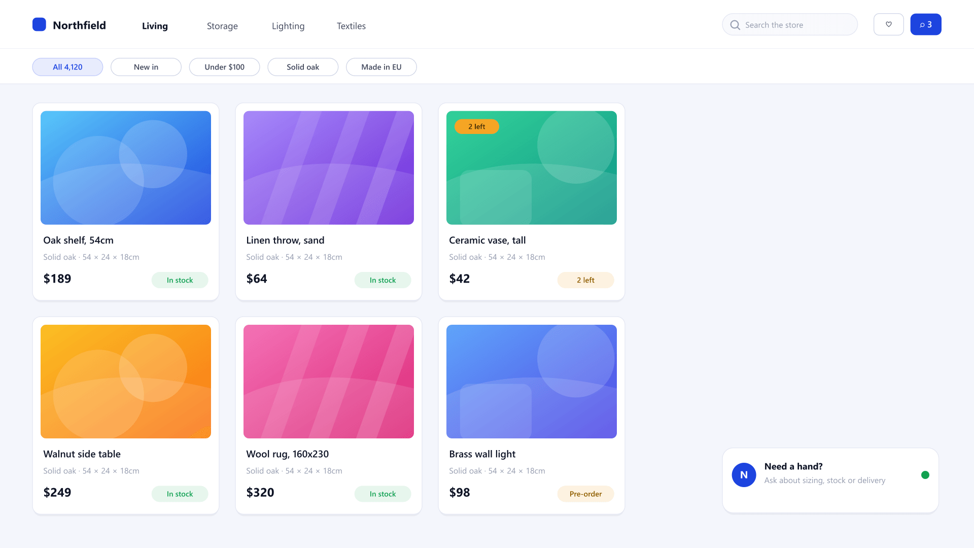 Nova Commerce — storefront and product grid